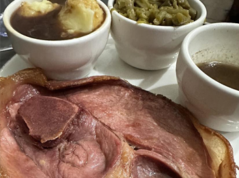 Country fried ham, mashed potatoes, and green beans